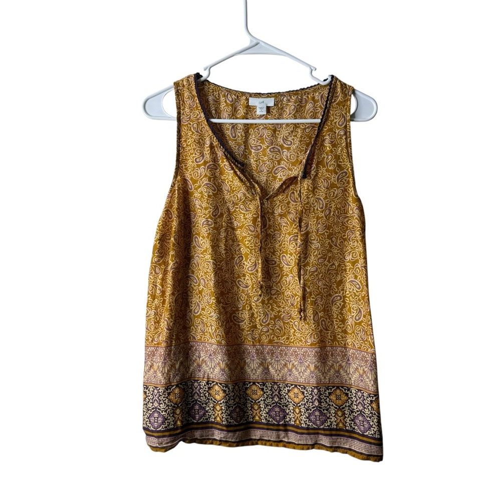 J Jill Mustard Yellow Paisley Bordered Hem Boho Tank Top